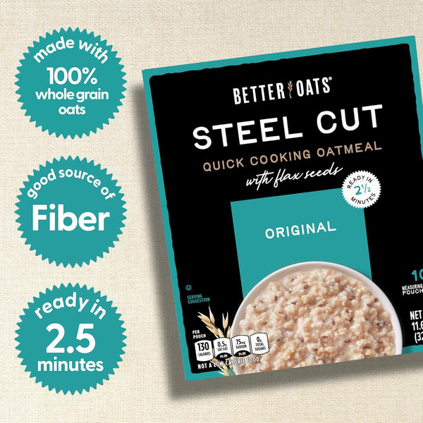 Better Oats Steel Cut Instant Oatmeal Packets, Original Flavor with Flax Seeds and Whole Grains, Quick-Cooking Breakfast, 11.6 oz Box of 10 Pouches (Pack of 6)