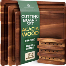 Acacia Wood Cutting Board Set of 3 with Holder and Juice Grooves for Kitchen Use