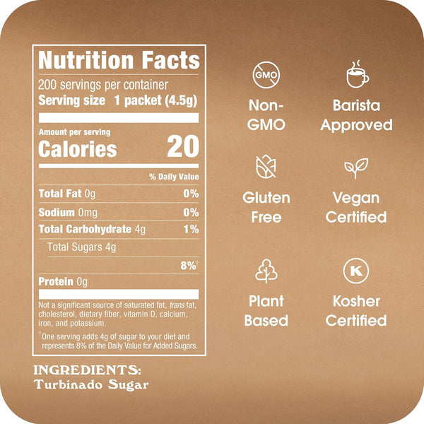 Sugar In The Raw Turbinado Cane Sugar Packets, 200 Ct Box, Pure, Non-GMO, Kosher, Vegan