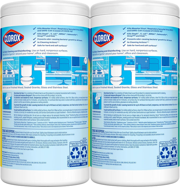 Clorox Disinfecting Cleaning Wipes for Spring Cleaning & Allergy Season, Bleach Free, Fresh Scent and Crisp Lemon, 75 Count Each, Pack of 2