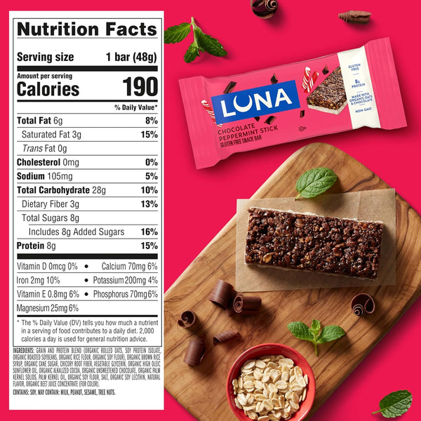 Gluten Free Snack Bars, 12 Pack, Chocolate Peppermint Stick Flavor, Non-GMO, Protein Bars Made with Organic Oats