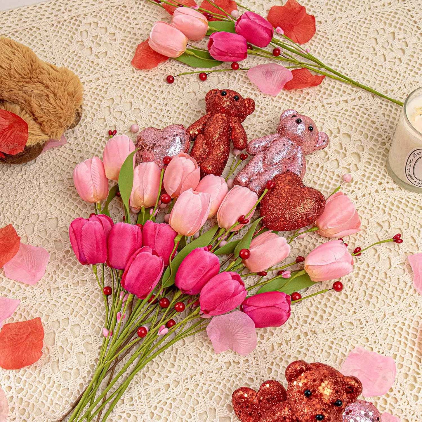 JINGHONG Valentine's Day Decorations Valentines Day Gifts 10 Pack Artificial Floral Picks with Pink Red Bear and Heart Tulip for Valentine Mothers Day Anniversary Candlelight Dinner Party Decor
