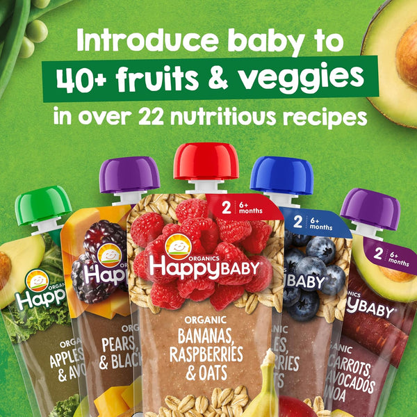 Happy Baby Organics Stage 2 Baby Food Pouches, 10 Count, 4 Ounces Each, Gluten Free, Vegan