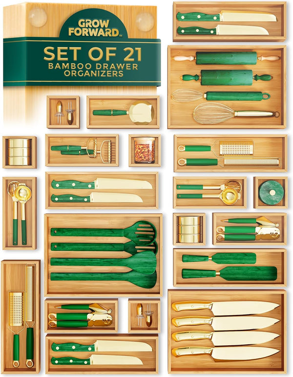Bamboo drawer organizer boxes for kitchen, bathroom, office, and desk