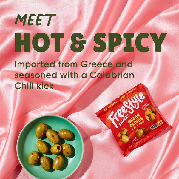 Freestyle Snacks Olive Snack Packs - Single Serve - Fresh Pitted Green Olives, Grown in Greece, All Natural, Non-GMO, Sugar-Free, Salty Snack - Variety