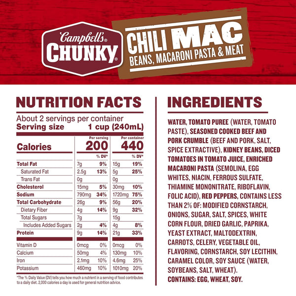 Campbell's Chunky Chili Mac Soup, 18.8 Ounce Can, High-Protein Canned Soup for Game Day Snacks