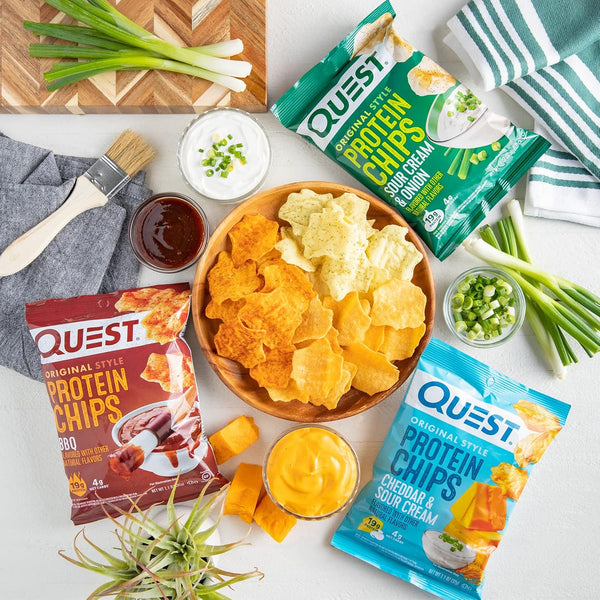 quest nutrition protein chips variety pack, 12-pack, bbq, cheddar, sour cream, high protein, low carb, 1.1 oz