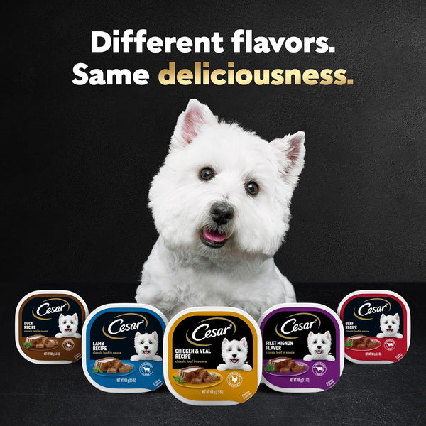 cesar wet dog food classic loaf in sauce variety pack grilled chicken beef chicken liver turkey 3.5 oz easy peel trays 36 count