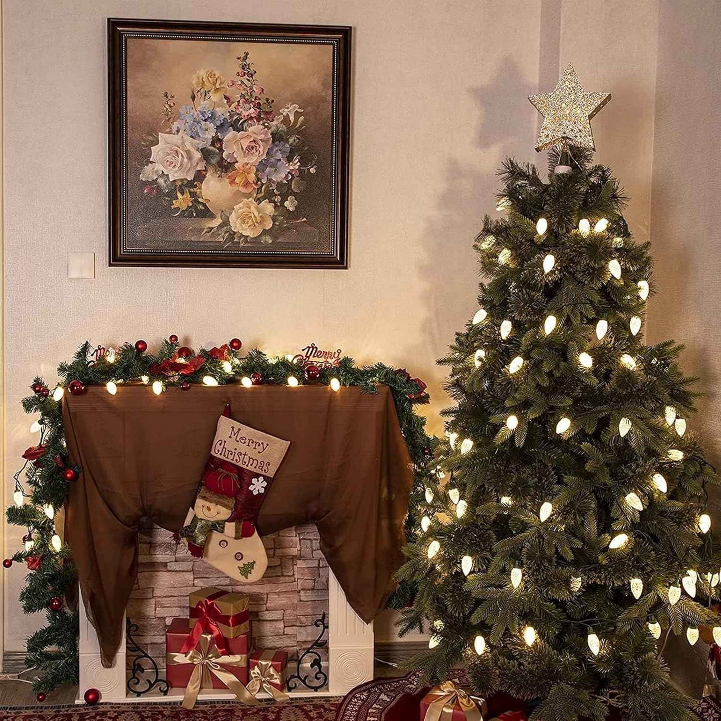 Dazzle Bright C9 Christmas String Lights, 100 LED 66 FT Waterproof Connectable Green Wire Fairy Lights, Christmas Lights for Indoor Outdoor Home Yard Xmas Tree House Decorations (Warm White)