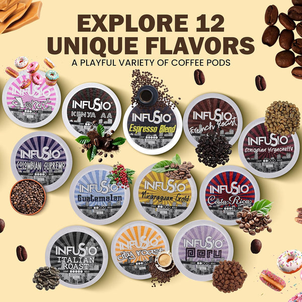 InfuSio Coffee Pods Variety Pack, 96 Count, 12 Blends, Compatible with Keurig K-Cup 2.0 Brewers