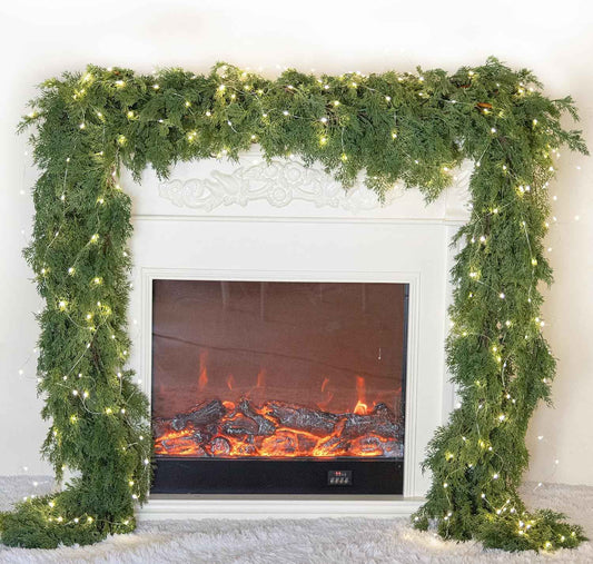 6FT Christmas Garland PARTY JOY Cedar Garland with 9.8FT LED String Lights, Greenery Plant for Christmas Decorations Table Mantle Background Wall Room Outdoor Indoor Winter Decoration