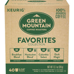 Green Mountain Coffee Roasters Favorites Collection includes 4 boxes of K-Cup pods with light, medium, and dark roasts
