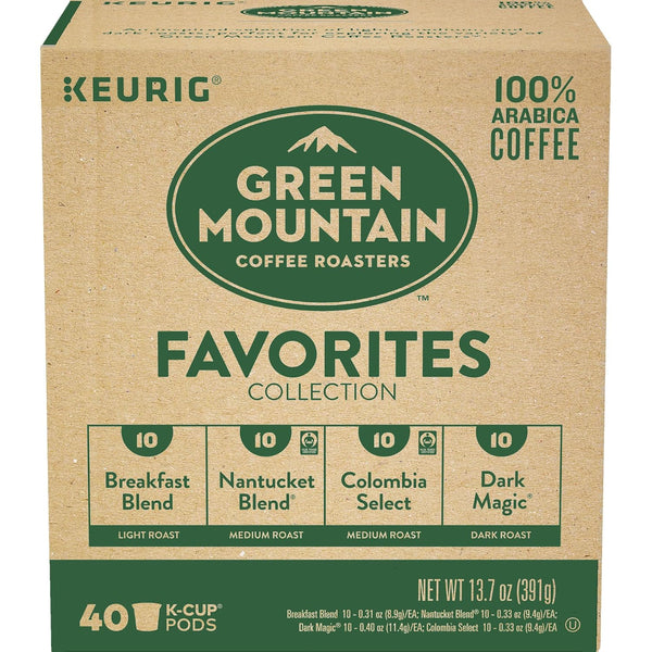Green Mountain Coffee Roasters Favorites Collection includes 4 boxes of K-Cup pods with light, medium, and dark roasts