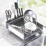 Compact kitchen dish rack with removable flatware caddy and angled drainboard
