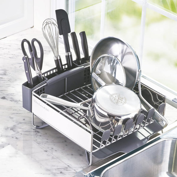 Compact kitchen dish rack with removable flatware caddy and angled drainboard