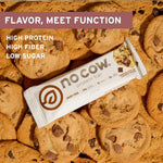 No Cow Vegan Protein Bars, Upgraded Chocolate Chip Cookie Dough, 20g Plant Based Protein, Gluten Free, Dairy Free, Soy Free, Keto Friendly, Low Sugar, High Fiber Snack Bars, Pack of 12