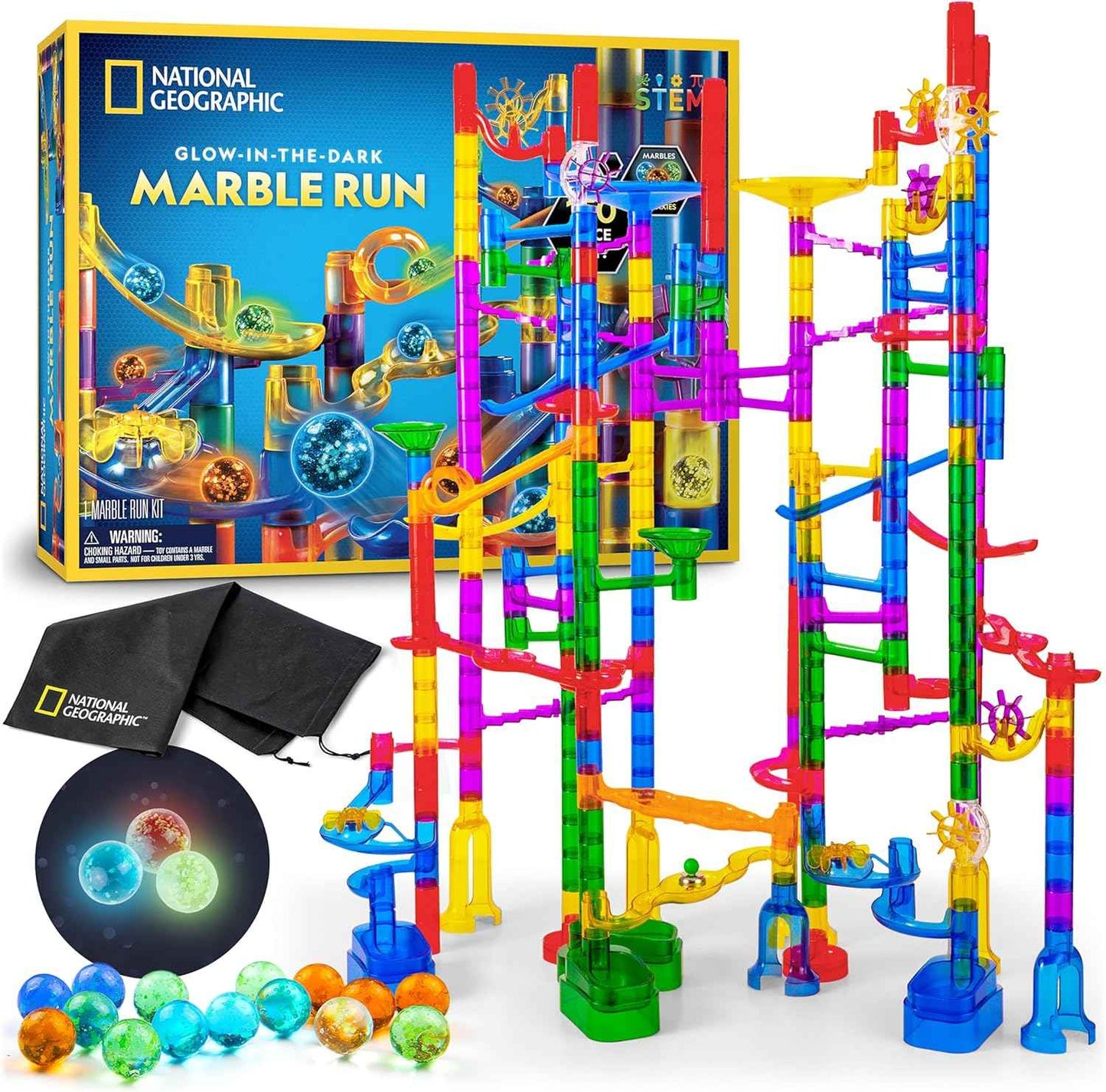 NATIONAL GEOGRAPHIC Glowing Marble Run – Construction Set with 15 Glow in The Dark Glass Marbles & Storage Bag, STEM Gifts for Boys and Girls, Building Project Toy (Amazon Exclusive)