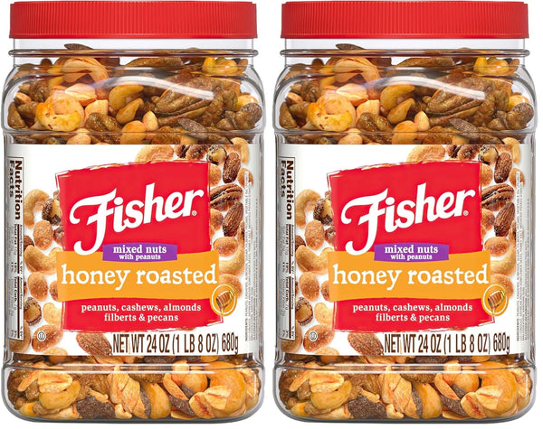 Fisher Snack Honey Roasted Mixed Nuts with Peanuts, 24 Ounces, Reusable Canister