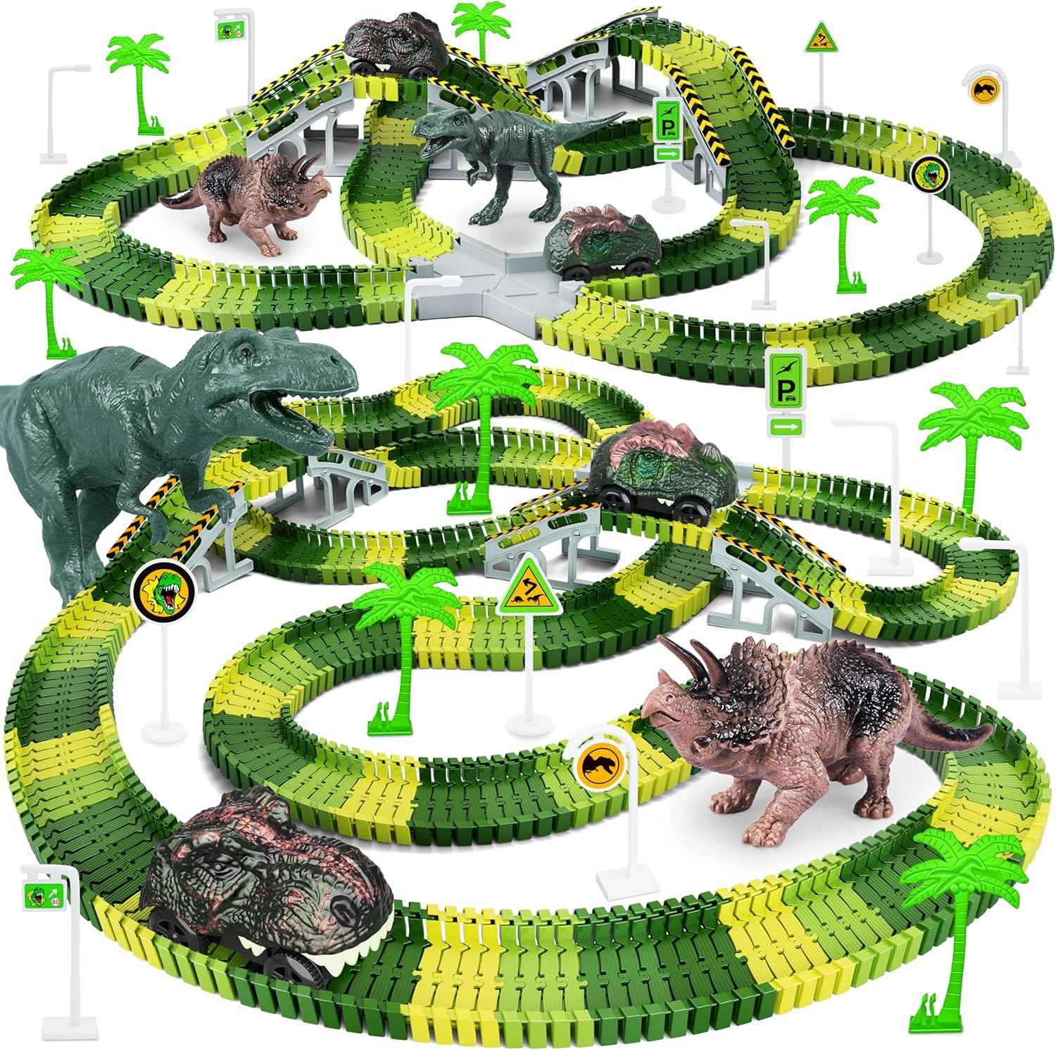 Dinosaur Toys,Create A Dinosaur World Road Race,Flexible Track Playset and 2 pcs Cool Dinosaur car for 3 4 5 6 Year & Up Old boy Girls Best Gift