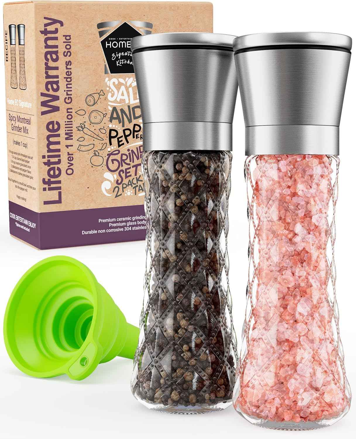 Home EC Premium Stainless Steel Sea Salt and Pepper Grinder Set of 2 - Adjustable Ceramic - Tall Glass Salt and Pepper Shakers - Kitchen Spice Mill W/Funnel & EBook
