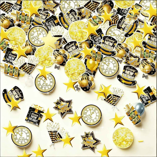 New Years Eve Party Decorations 2026,Happy New Years Decorations Black and Gold Confetti,200pcs Black Gold New Year's Eve Glitter Table Confetti Centerpiece Gold Stars for Clock Disco Ball Design