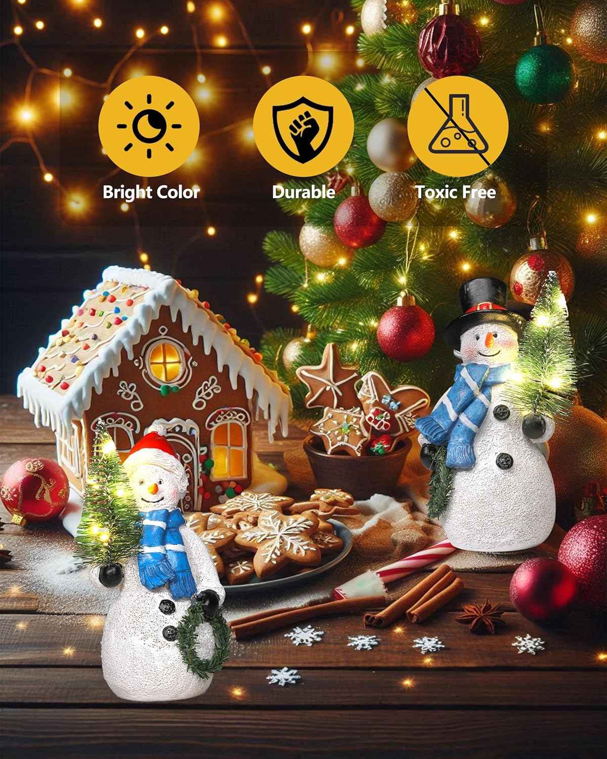 Duo 5'' Resin Snowman Figurines with Lighted Christmas Tree Wreath - Christmas Decorations Indoor Snowman Decor Ornaments Centerpiece - Winter Holiday (Snowmen)