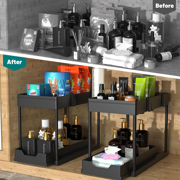 DEKAVA Under Sink Organizer 2 Pack, Bathroom Cabinet Organizer, 2 Tier Sliding Cabinet Basket