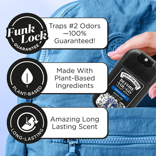 Poo-Pourri Before-You-Go Pocket Toilet Spray, Travel Essentials, Royal Flush, 1 Fl Oz, Up to 50 Uses, On-The-Go Bathroom Odor Deodorizer with Essential Oils, TSA Approved Size, Eucalyptus & Spearmint