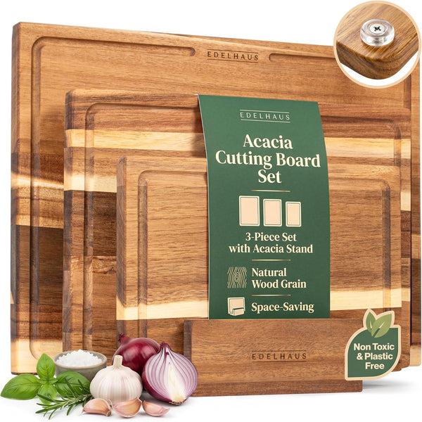 Acacia Wood Cutting Board Set of 3 for Kitchen with Deep Juice Groove