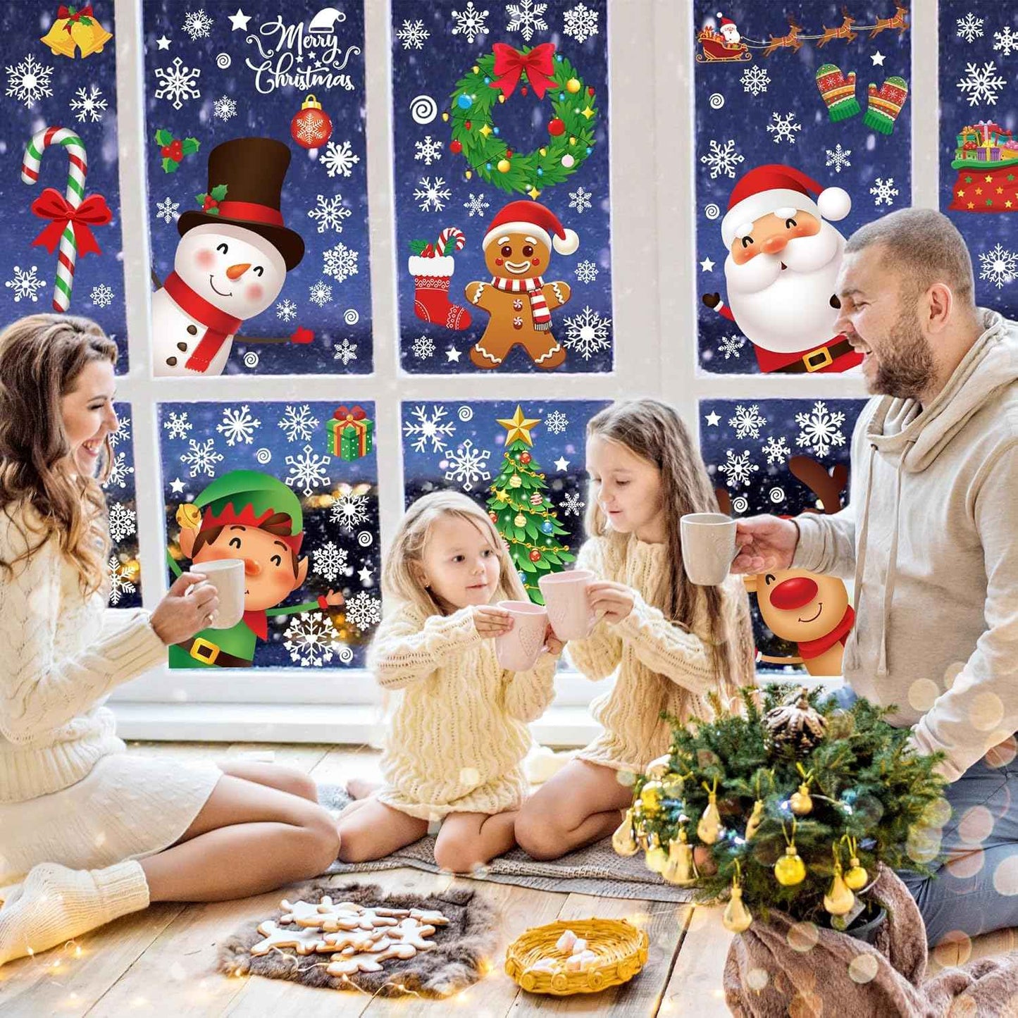144 PCS Christmas Window Clings, Snowflake Window Clings for Stickers for Glass, Christmas Decorations Decals for Snowman Santa Claus Tree Reindeer Elf Winter Party Accessories Supplies Decor