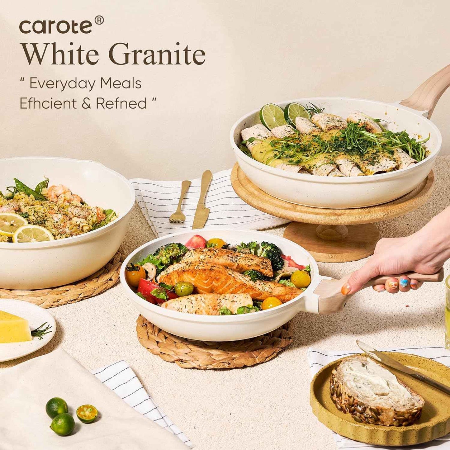 CAROTE 21Pcs Pots and Pans Set, Nonstick Cookware Sets, White Granite Induction Cookware Non Stick Cooking Set w/Frying Pans & Saucepans(PFOS, PFOA Free)