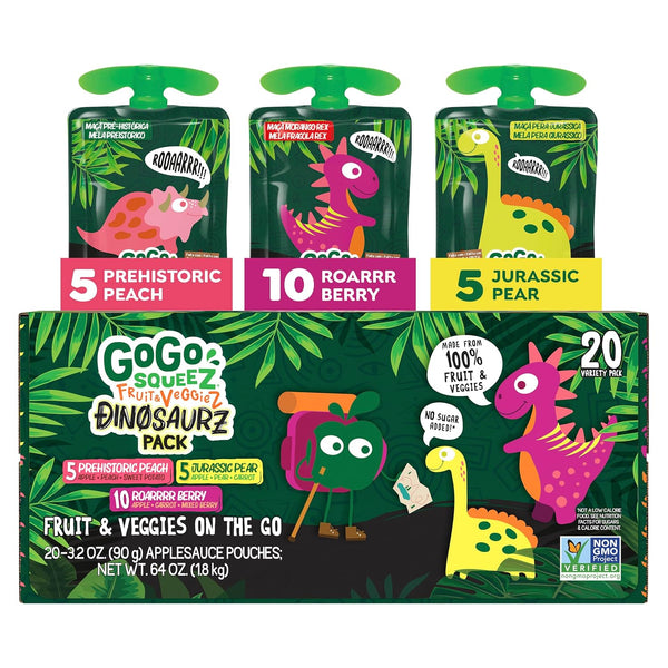 gogo squeeZ fruit & veggieZ applesauce and puree variety pack, 20 count, 3.2 oz, unsweetened snacks for kids, bpa free pouches