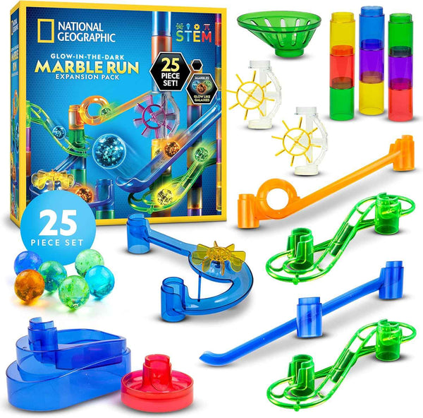 NATIONAL GEOGRAPHIC Glowing Marble Run – Construction Set with 15 Glow in The Dark Glass Marbles & Storage Bag, STEM Gifts for Boys and Girls, Building Project Toy (Amazon Exclusive)