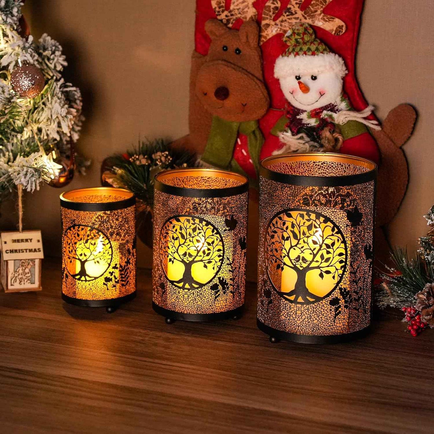 TRIROCKS Christmas Candle Lantern 7" H Etched Metal Candle Holder Christmas Decorations for Living Room Kitchen Tabletop Parties Patio Outdoors Indoors(3PCS;Bronze House)