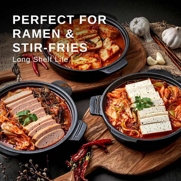 Spicy fermented kimchi napa cabbage in convenient pouches for ramen and stir-fries