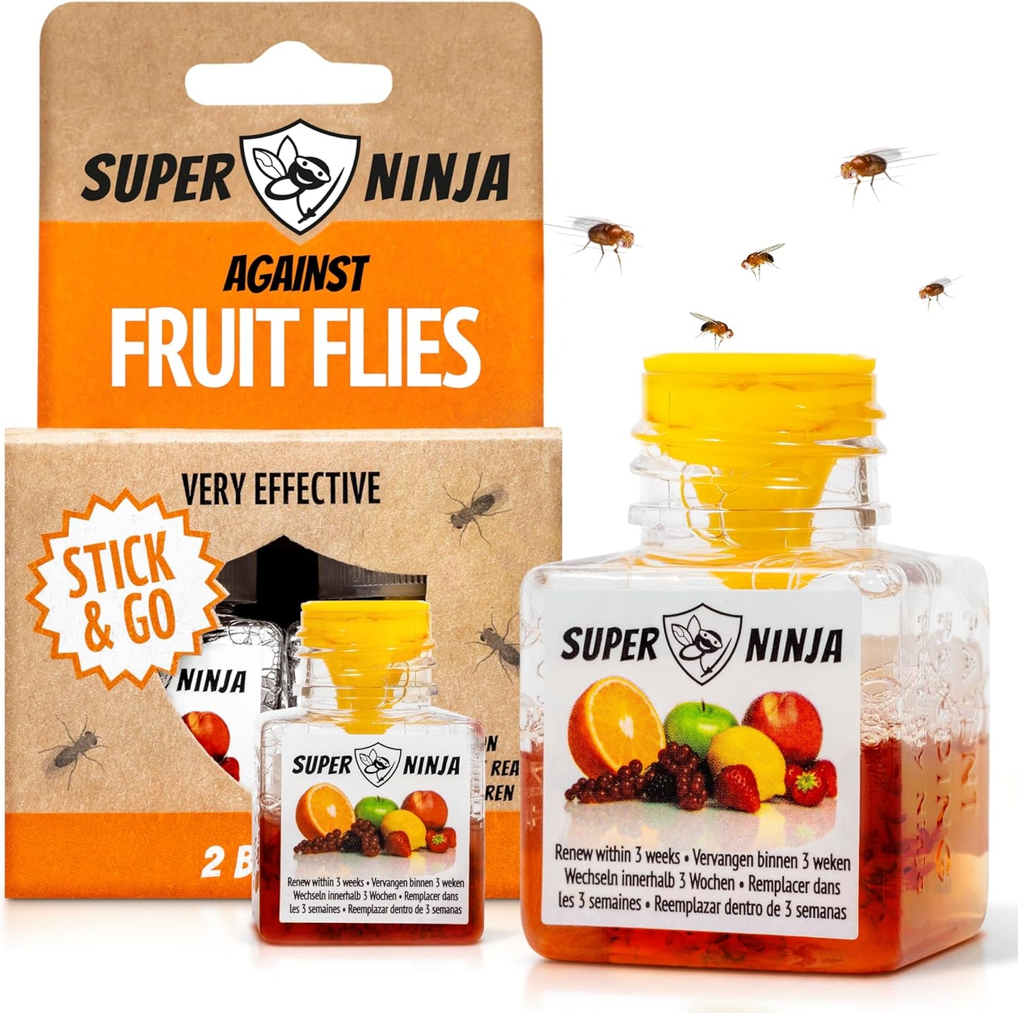 Super Ninja Fruit Fly Traps for Indoors - 4 Pack, Highly Effective Fruit Fly Catcher for Indoor Use for Home & Kitchen, Up to 3 Weeks of Performance per Bottle, Kid & Pet Friendly