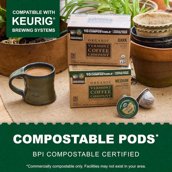 Vermont Coffee Company Organic Medium Roast Single-Serve Compostable Coffee Pods for Keurig