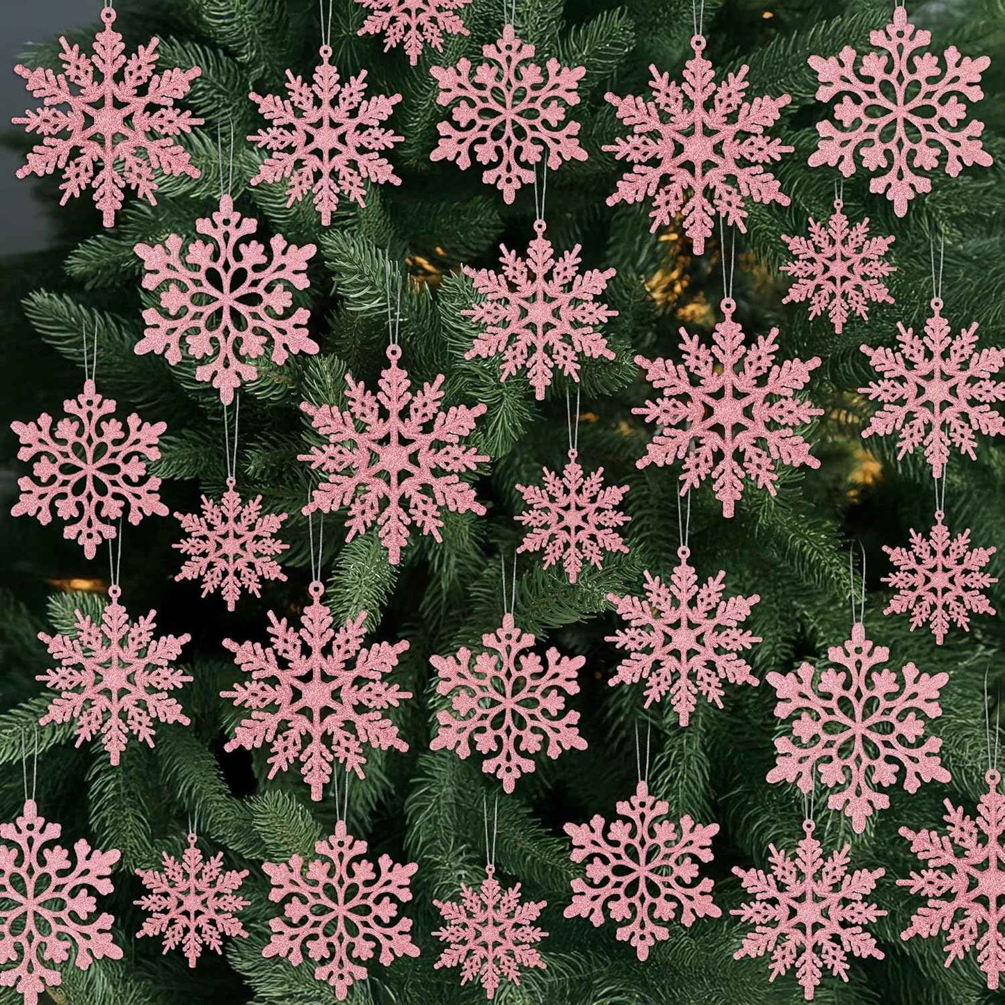 24PCS Snowflake Ornaments, Christmas White Snowflakes Tree Decorations, Plastic Glitter Snow Flakes Decorating Hanging, Xmas Tree Ornaments Indoor Ceiling Fireplace Winter Wonderland Decor