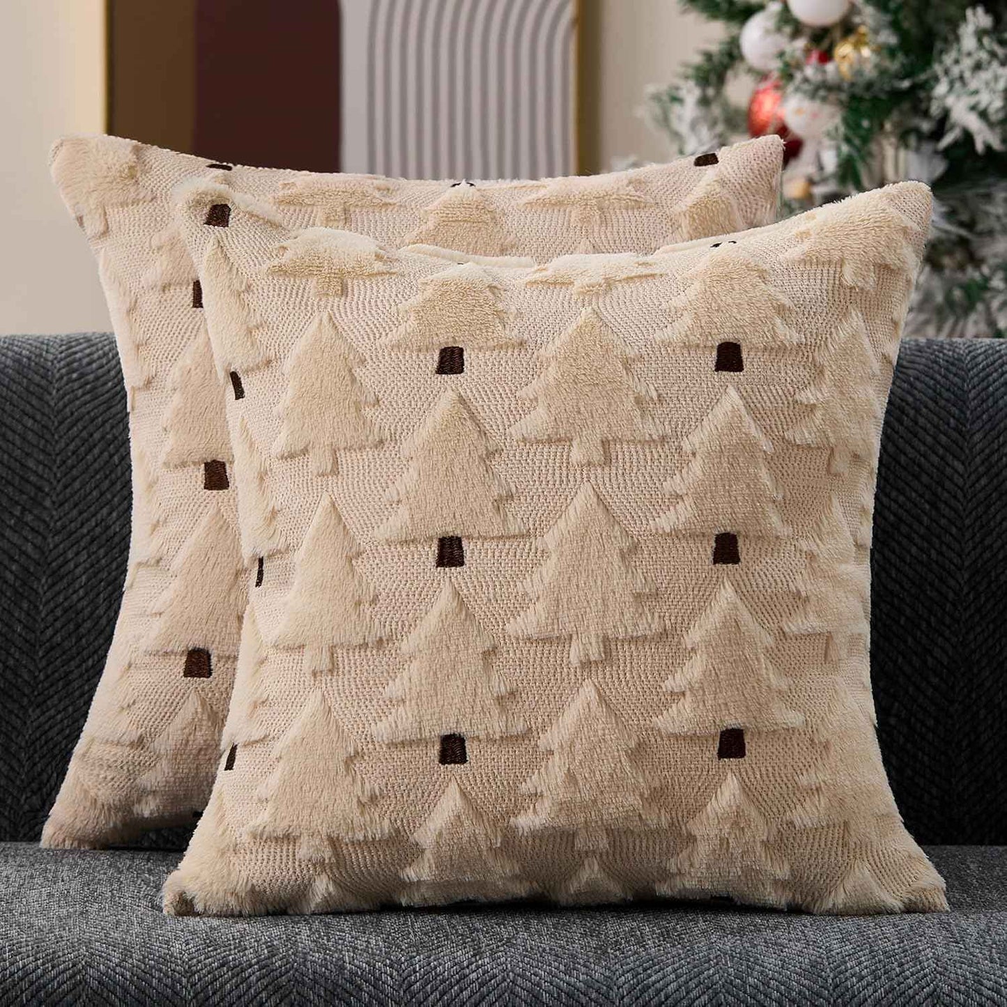 Christmas Pillow Covers 18x18 inch, Set of 2 Soft Plush Faux Fur Wool Throw Pillow Cases with Beige Christmas Tree Design