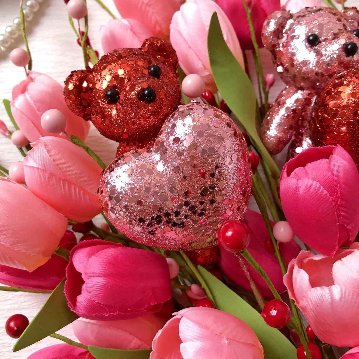 JINGHONG Valentine's Day Decorations Valentines Day Gifts 10 Pack Artificial Floral Picks with Pink Red Bear and Heart Tulip for Valentine Mothers Day Anniversary Candlelight Dinner Party Decor