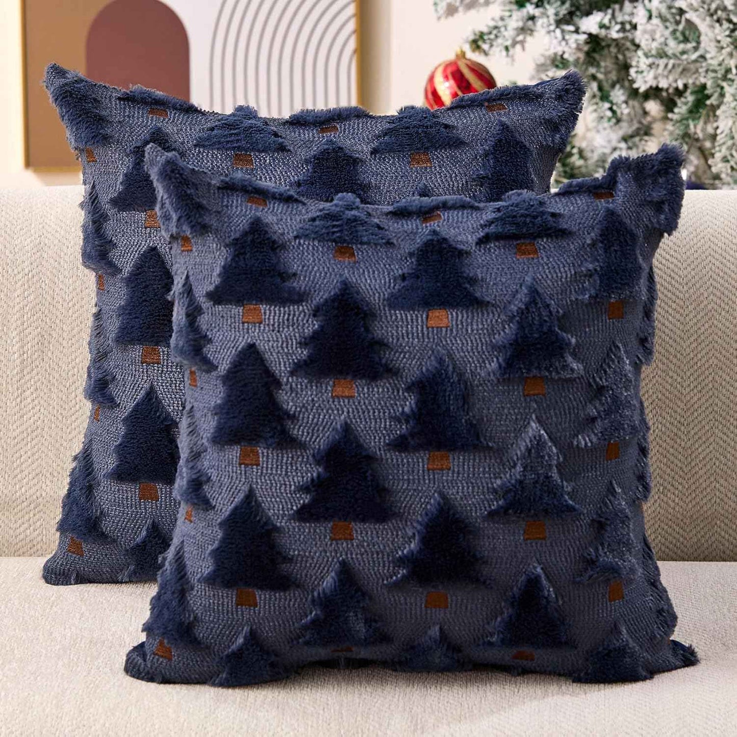 Christmas Pillow Covers 18x18 inch, Set of 2 Soft Plush Faux Fur Wool Throw Pillow Cases with Beige Christmas Tree Design