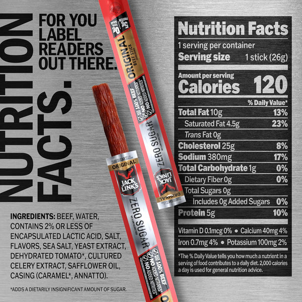 Jack Link's Zero Sugar Beef Sticks, 20 Pack, 0.92 oz, Ready to Eat Protein Snacks