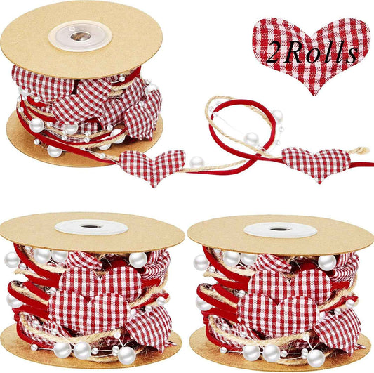 11 Yard/ 2 Rolls Valentine's Day Heart Beads Ribbon Stain Heart Garland Wreath Ribbon for Valentine's Day Wedding DIY Wrapping Crafts Wreath Christmas Tree Sewing Decoration