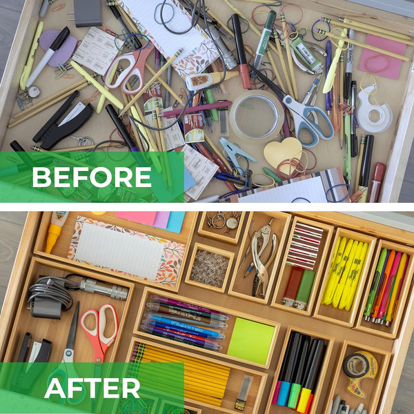 Bamboo drawer organizer boxes for kitchen, bathroom, office, and desk