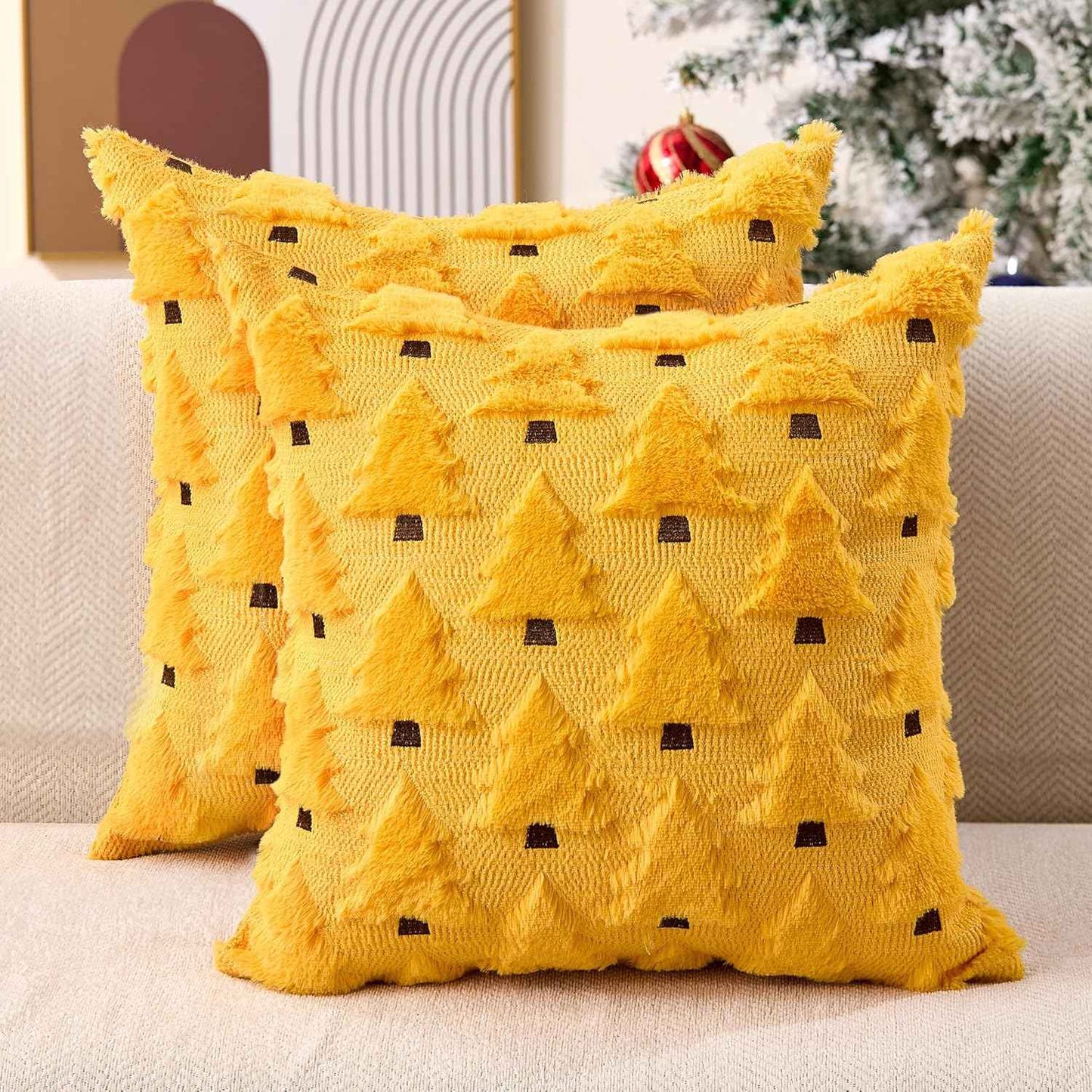 Christmas Pillow Covers 18x18 inch, Set of 2 Soft Plush Faux Fur Wool Throw Pillow Cases with Beige Christmas Tree Design