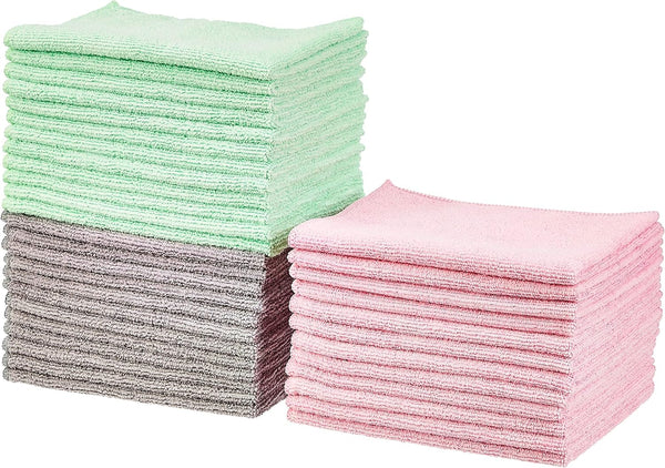 Amazon Basics Microfiber Cleaning Cloths, Ultra Absorbent, Lint Free, Streak Free, Non-Abrasive, Reusable and Washable, 16" x 12", Blue/White/Yellow, Pack of 24