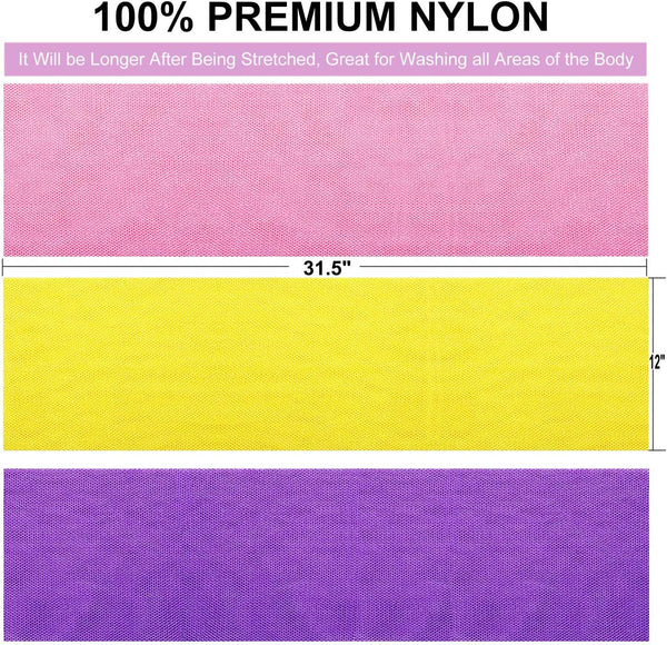 3 pieces premium nylon african bath sponge set, yellow pink purple, exfoliating net wash scrubber
