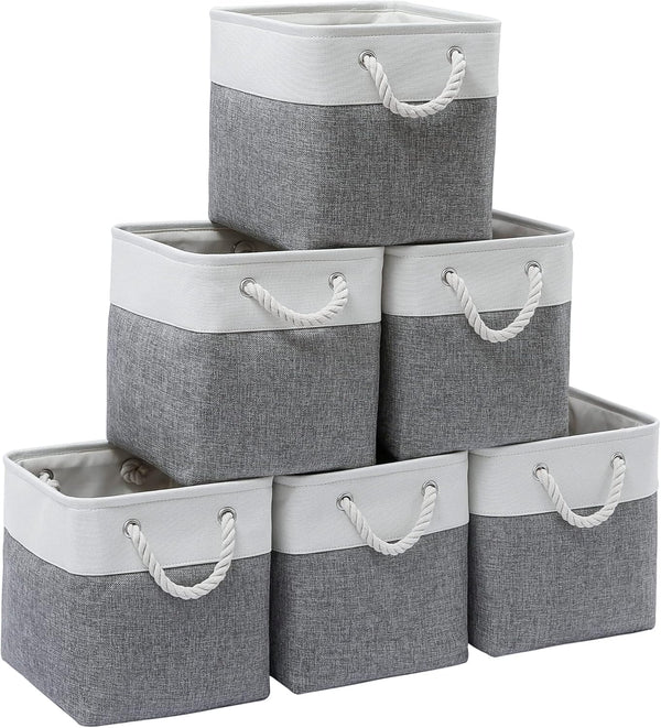 11 x 11 inch cube storage bins, 6 pack large collapsible fabric storage bin with ropes