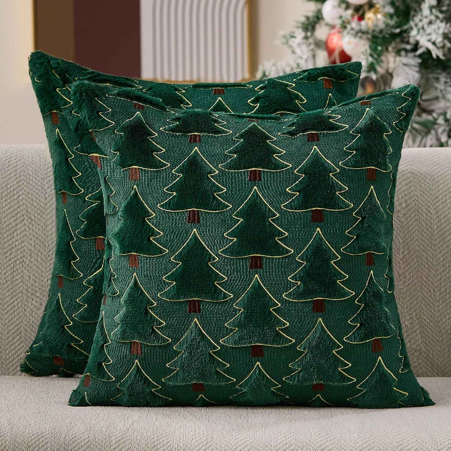 Christmas Pillow Covers 18x18 inch, Set of 2 Soft Plush Faux Fur Wool Throw Pillow Cases with Beige Christmas Tree Design