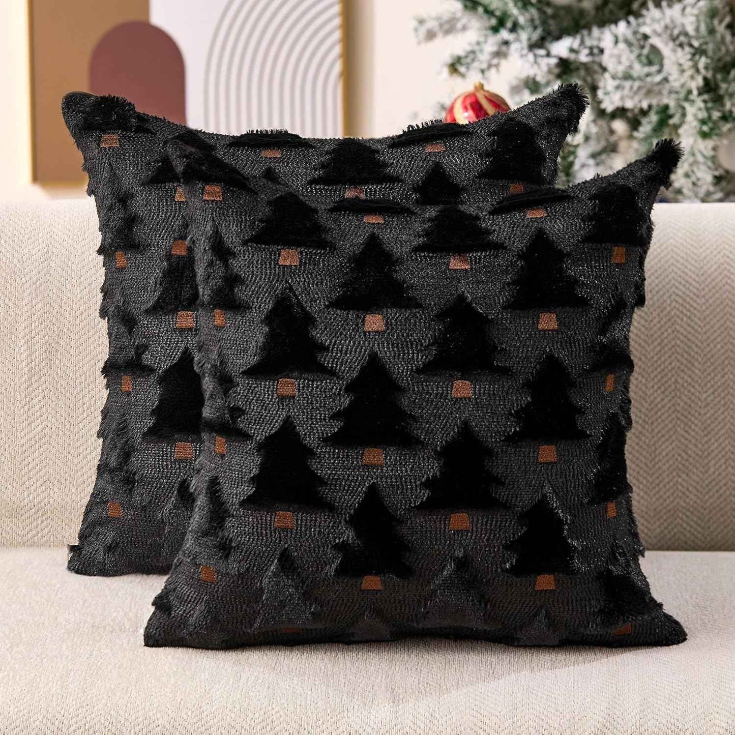 Christmas Pillow Covers 18x18 inch, Set of 2 Soft Plush Faux Fur Wool Throw Pillow Cases with Beige Christmas Tree Design